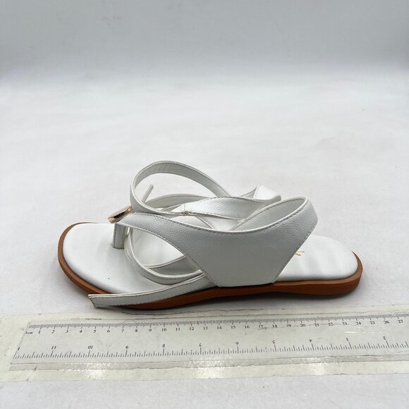 XYD White Open Toe Metal Gold Hardware Flip Flops Ankle Wrap Lace-up Flat Sandal - Picture 2 of 8